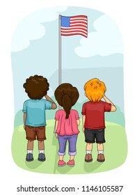 Illustration of Kids Saluting the American Flag Outdoors