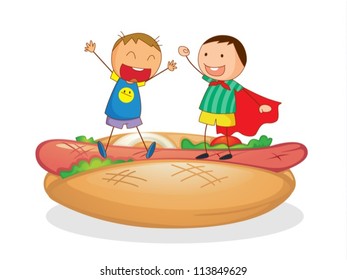 illustration of kids and sausages with bread on a white background