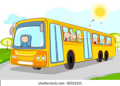 illustration of kids in school bus with driver