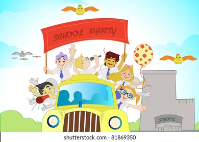 illustration of kids in school bus enjoying school party