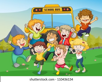 illustration of kids and school bus in nature