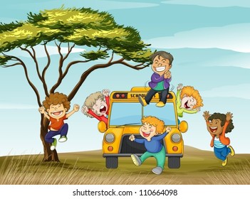 illustration of kids and school bus in nature