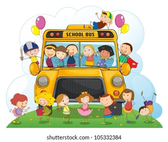 illustration of kids with school bus on a white background