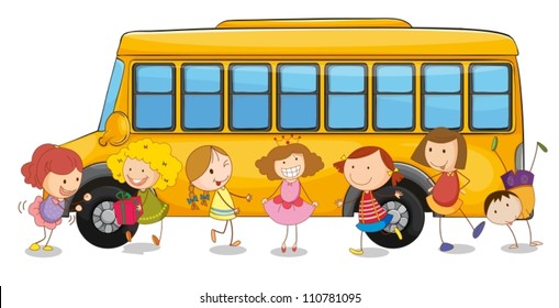 illustration of kids and school bus on a white