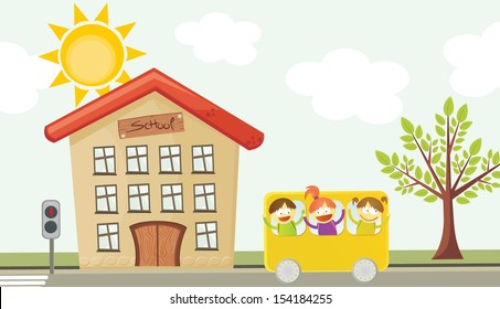 Illustration for kids - school and children going to school by school bus (vector)