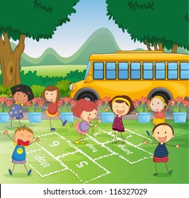 illustration of kids and a schoolbus in a beautiful nature