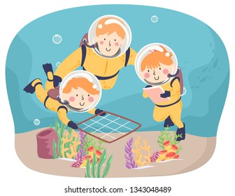 Illustration of Kids Scuba Diving with Teacher and Exploring Using Quadrat Method