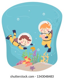 Illustration of Kids Scuba Diving and Writing Notes Underwater