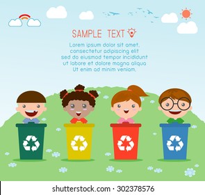 Illustration of Kids Segregating Trash, recycling trash, Save the World , Vector Illustration.