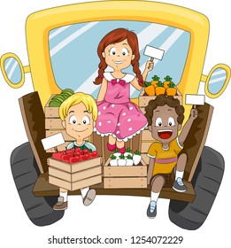 Illustration Of Kids Selling Fruits And Vegetables On The Back Of A Farm Truck For A Farmers Market