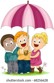 Illustration Of Kids Sharing An Umbrella