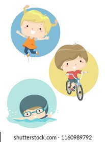 Illustration of Kids Showing Different Abilities from Jumping, Biking to Swimming