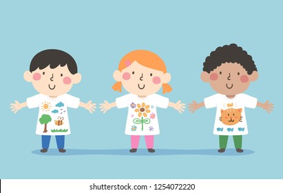 Illustration of Kids Showing Off their Designs on their White Shirts