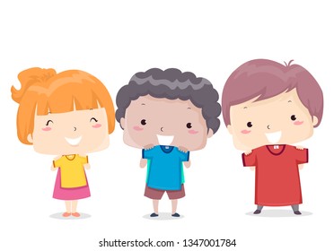 Illustration of Kids Showing Three Shirts in Different Colors and Sizes to Teach Adjectives