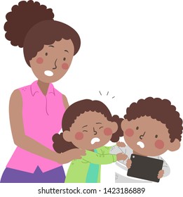 Illustration Of Kids Siblings Not Sharing The Tablet Computer With Mother Mediating