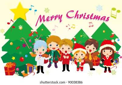 Illustration of kids singing carols and christmas tree