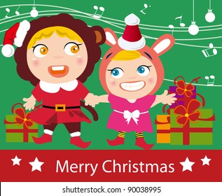 Illustration of kids singing and christmas gift