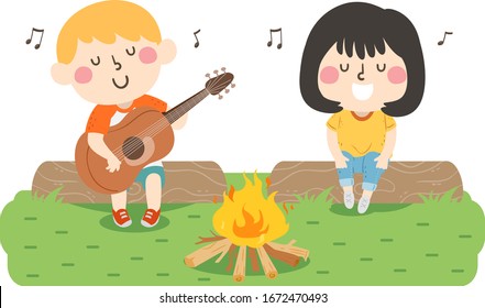 Illustration of Kids Singing and Playing the Guitar in Front of a Bonfire