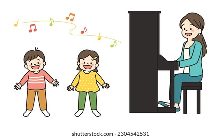 Illustration of Kids Singing a Song and Teacher Playing the Piano