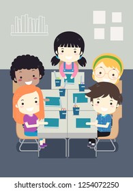 Illustration of Kids Sitting in Desks Arranged Together in the Classroom