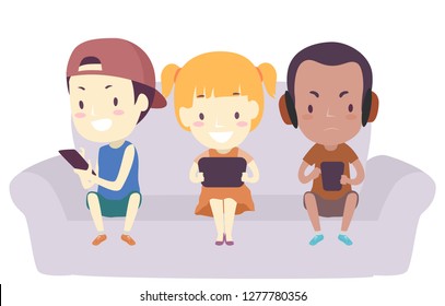 Illustration of Kids Sitting Down the Couch and Playing Games in their Mobile Phones