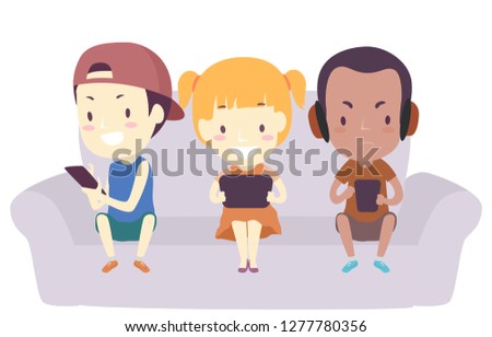 Illustration of Kids Sitting Down the Couch and Playing Games in their Mobile Phones