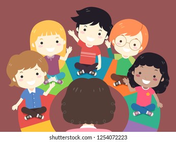 Illustration of Kids Sitting Down on the Floor on a Round Colorful Seating Mat with Teacher in Front