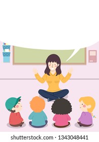 Illustration of Kids Sitting Down On the Floor In Class with Teacher Talking and Blank Speech Bubble