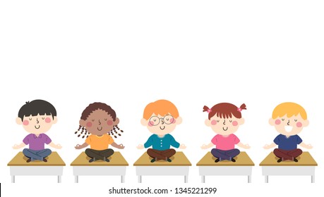 Illustration of Kids Sitting Down on Top of their Desks In Class for Meditation