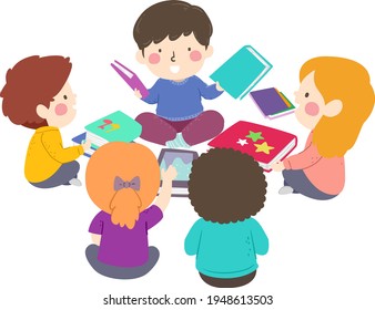 Illustration of Kids Sitting Down and Picking Books to Read in a Group