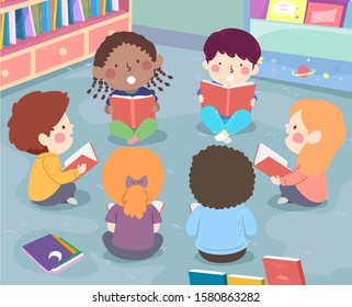 Illustration of Kids Sitting Down and Reading a Book Aloud as a Group in Class