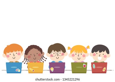 Illustration of Kids Sitting Down and Using Laptop to Study