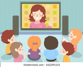 Illustration of Kids Sitting Down Watching the Floor Their Teacher from a Big Television Screen