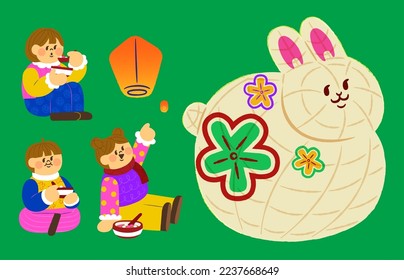 Illustration of kids sitting and eating tangyuan, sky lanterns, and a paper made rabbit installation art isolated on green background