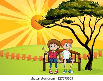 Illustration of kids sitting on a bench and a beautiful landscape