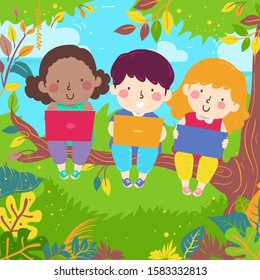 Illustration of Kids Sitting on a Branch of a Tree Outdoors and Using a Laptop or a Tablet