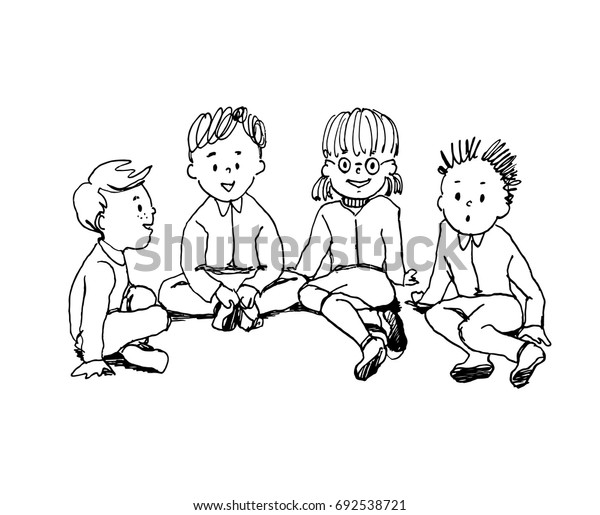 子供が床に座って話したり考えたり笑ったりする様子を描いたイラスト 学校や外では男の子と女の子が一緒にいる 白黒の線画の漫画の落書きスタイル のベクター画像素材 ロイヤリティフリー
