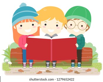 Illustration of Kids Sitting on a Log Outdoors Reading a Book