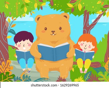 Illustration of Kids Sitting on Tree Branch with a Cute Bear Mascot and Reading a Book