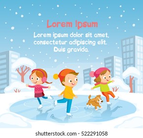 Illustration with kids skating with snowy landscape