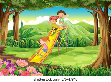 Illustration of the kids sliding at the forest