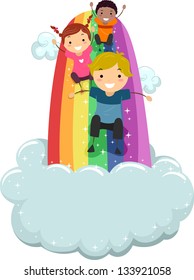 Illustration of Kids sliding on a Rainbow Slide with Clouds