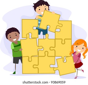 Illustration Of Kids Solving A Giant Jigsaw Puzzle