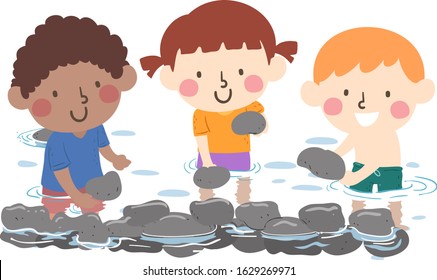 Illustration of Kids Stacking Stones and Rocks in a Stream, Playing and Making a Dam