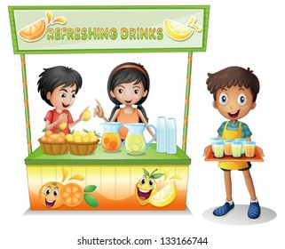 Illustration of the kids at the stall selling refreshing drinks on a white background