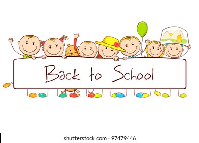 illustration of kids standing behind banner on white background