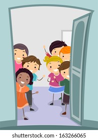 Illustration Of Kids Standing Behind A Wide Open Door