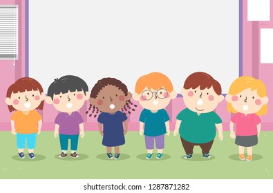 Illustration of Kids Standing in Front of the Classroom and Reciting Something. Choral Recitation