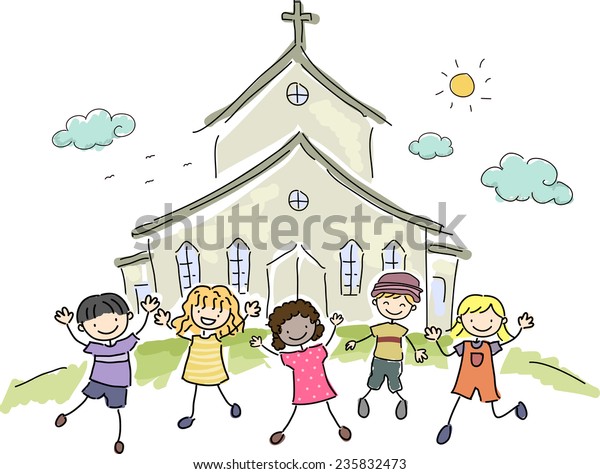 教会の前で幸せに立つ子どもたちのイラスト のベクター画像素材 ロイヤリティフリー