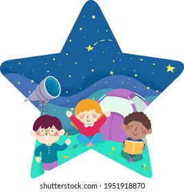 Illustration Of Kids Stargazing With Tent And Telescope From Inside A Star